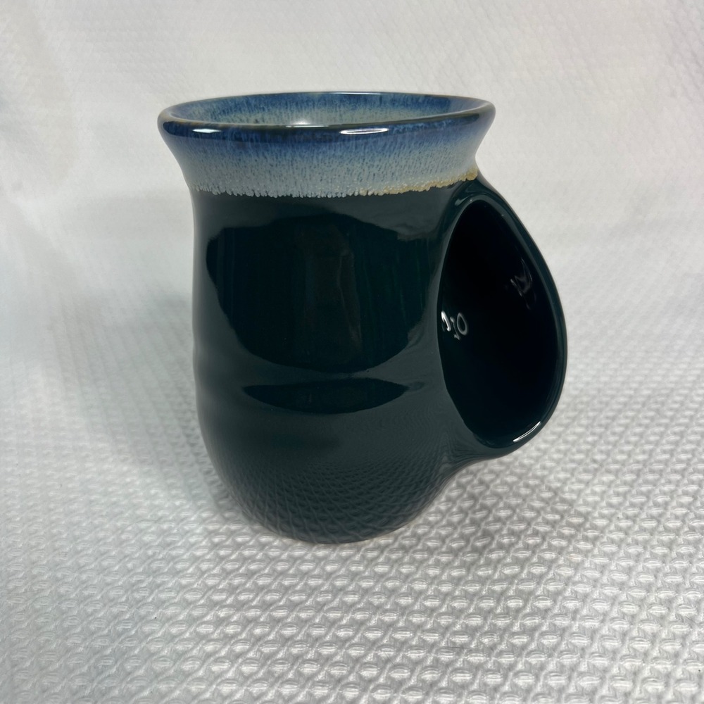 Hand Warmer Mug Forest Green Blue Drip Glaze Ceramic Right Hand